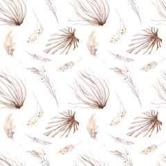 Watercolor boho seamless pattern with hand painted tropical dried palm leaves, pampas branches and cherry flowers. Romantic floral bohemian background for wedding invitation, trendy fabric textile