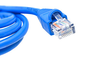 blue LAN cable on white background closeup