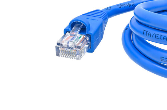 colorful blue LAN cable on white background closeup