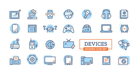 Vector devices icon set with modern sign of camera, monitor, laptop, phone