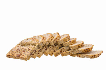 curved row of whole wheat bread  slices  on white background closeup