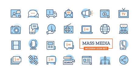 Mass media or communication icon set. Vector modern symbols with thin line contour for website