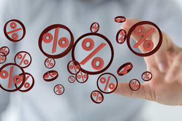 Interest rates effect on stock market share prices and global economic inflation and deflation, percent symbol