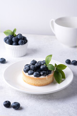 Berry dessert, delicious blueberry tart on a white plate with a green sprig on white background.