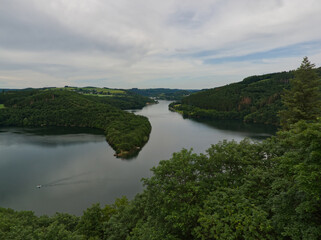 Fototapeta na wymiar Panorama of the Haute Sure lake in Luxembourg