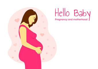 Obraz na płótnie Canvas Beautiful pregnant lady in pink dress holding her belly. Hello Baby Pregnancy and Motherhood banner with copy space for your text. Minimalistic design, flat cartoon vector illustration