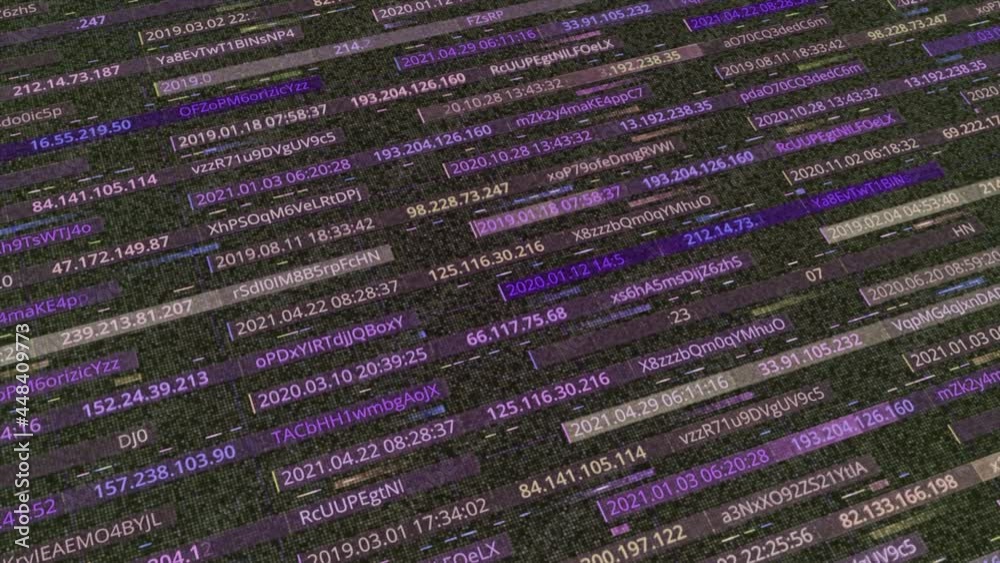 Poster abstract digital background of narrow horizontal stripes with hacking data. animation. purple backgr