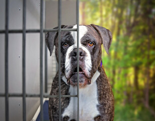 photo of a shelter dog half in a kennel and half outside