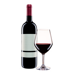 Bottle and goblet of red wine on a white background