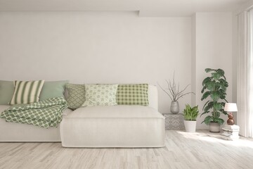 White living room with sofa. Scandinavian interior design. 3D illustration
