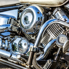 Motorcycle engine closeup. chrome engine parts. Shiny smooth details.
