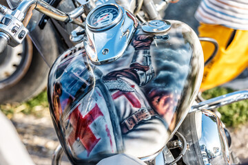 Motorcycle engine closeup. chrome engine parts. Shiny smooth details.