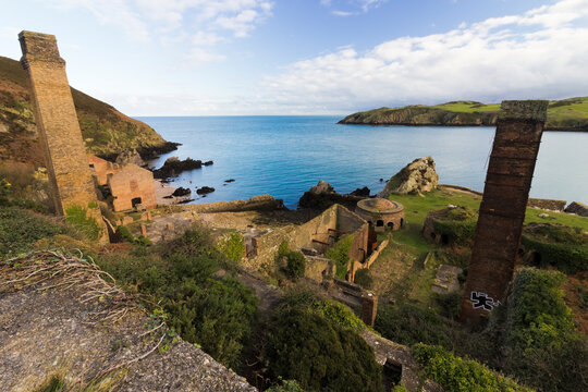 Overlooking the abandoned site of the Porth Wen Brickworks including the bay behind, Isle of Anglesey, North Wales