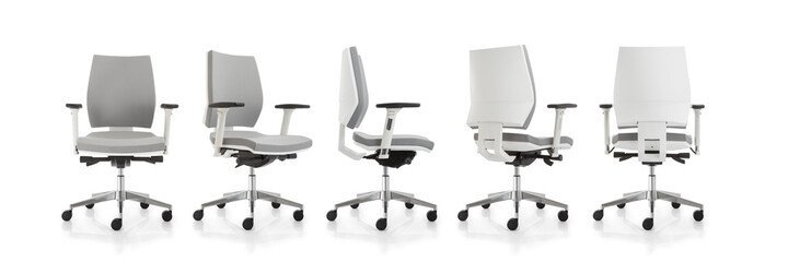 office chair with wheels on white background. Various views: front, 3/4 side, front, side, 3/4...