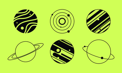 planet icon illustration in black outline. Saturn, Jupiter, orbs, etc. sky objects in flat drawing vector graphics. © freeject.net