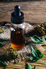 Glass bottle with herbal organic medicine CBD concentrate. droplet dosing