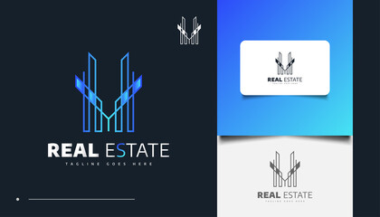 Abstract and Futuristic Real Estate Logo Design with Blue Line Style. Construction, Architecture or Building Logo Design