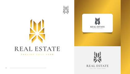 Luxury Gold Real Estate Logo Design with Abstract Concept. Construction, Architecture or Building Logo Design