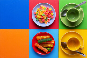 Empty cup of coffee and sweets at colorful abstract background