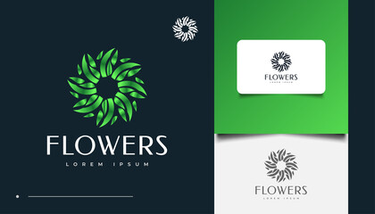 Green Flowers Logo Design with Spiral Concept, Suitable for Spa, Beauty, Florists, Resort, or Cosmetic Product Identity