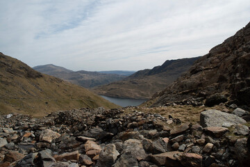 Landscape view from part way up Miners trail, hiking to Snowdon summit