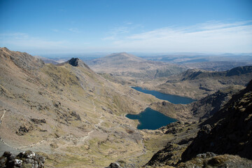 Landscape from near the summit of Mount Snowdon with a vast expansive view of the area below