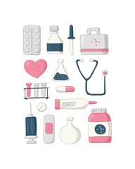 Collection of medical tools isolated on white background. All items are separated. Vector illustration