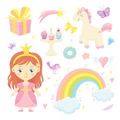 Cute fairytale set with little princess, baby unicorn, rainbow, cupcakes, gift and other magic elements