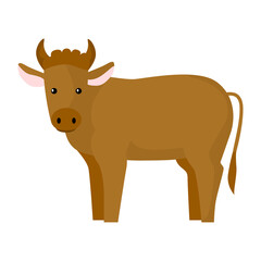 Cute bull isolated on white background. Funny cartoon character farm brown color.