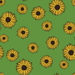 Seamless pattern sunflowers on green background. Beautiful texture with yellow sunflower and leaves.