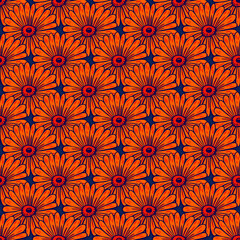 Summer season seamless pattern with bright contoured orange sunflowers elements. Hand drawn print.