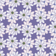 Bloom floral seamless pattern with random daisy flowers shapes. Purple pastel background. Simple style.