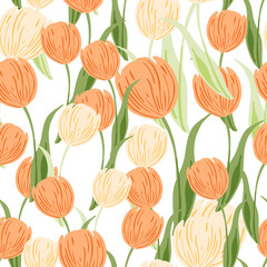 Bouquet floral seamless pattern with orange random tulip flowers silhouettes. White background. Isolated print.
