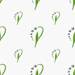 Minimalistic style seamless pattern with blue cute lily of the valley flowers shapes. Light background.
