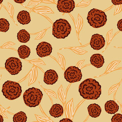 Hand drawn seamless pattern with random red roses flowers silhouettes. Orange light background.