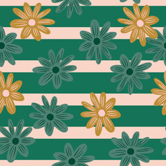 Summer season seamless pattern with random doodle flower daisy shapes. Striped background.