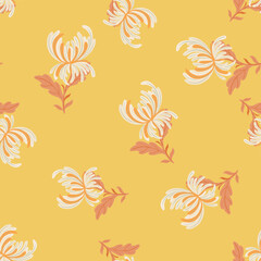 Random abstract floral seamless pattern with doodle chrysanthemum flowers shapes. Orange background.