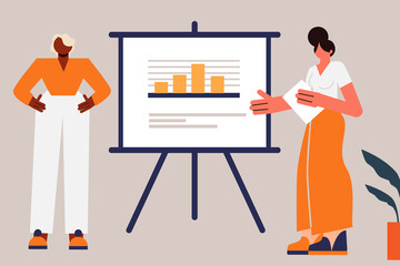 Two woman, colleagues presenting new facts and data. Company meeting