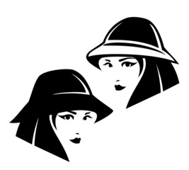cool teenage girl with short stylish haircut wearing bucket hat black and white vector portrait