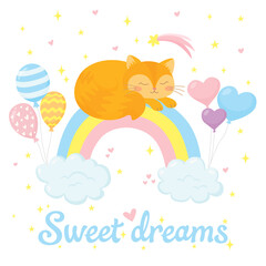 Cute baby cat sleeping on rainbow with clouds and balloons
