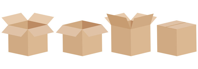 Set of open and closed boxes. Cardboard box. Vector illustration. - obrazy, fototapety, plakaty