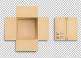 Empty open and closed cardboard box. Vector illustration.