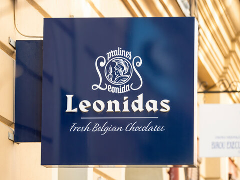 Timisoara, Romania - 06.19.2021:Leonidas Belgian Chocolates shop or store sign. Leonidas is a famous belgian chocolate brand