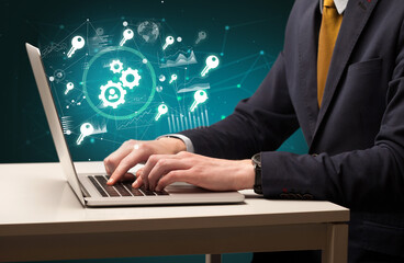 Business hand working on laptop, successful business concept