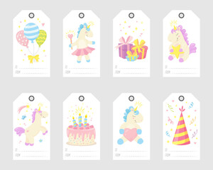 Set of cute birthday gift tags with unicorns, balloons, cake, hat, gifts