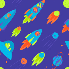 Seamless pattern of rockets with dinosaurs flying in one direction. Dino travels in a rocket through the galaxy. Children's packaging with a space dinosaur. Flat illustration images.