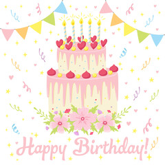 Happy Birthday greeting card in pastel colors with cake, garland and flowers