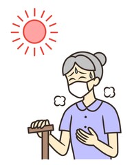 An elderly woman with a mask suffering from summer heat