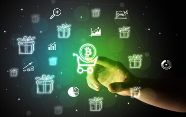 Fototapeta premium Businessman finger touching on screen multimedia interface with hand drawn currency icons