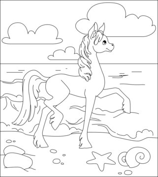 Little pony for a walk on the sea. Coloring book for children about a horse. Vector illustration.
